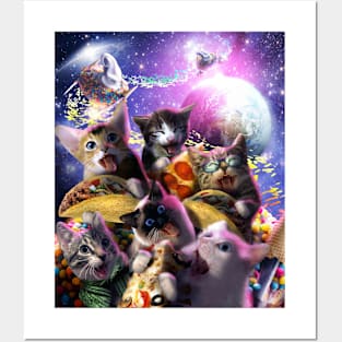 Space Cats Eating Pizza Taco Donut, Cat Kitty Galaxy Selfie Posters and Art